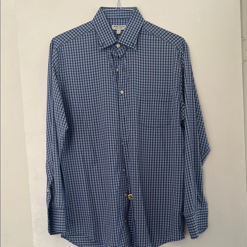 Peter Millar Blue Dress Shirt with Checkered Pattern